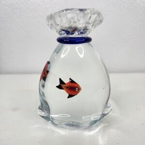 Hand Blown Glass Fish in a Bag Drawstring Paperweight Art Glass Figurine